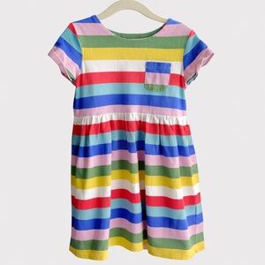 Mini Boden Rainbow Stripe Dress Girls 5-6Y Multicolor Pocket Cotton Play Party